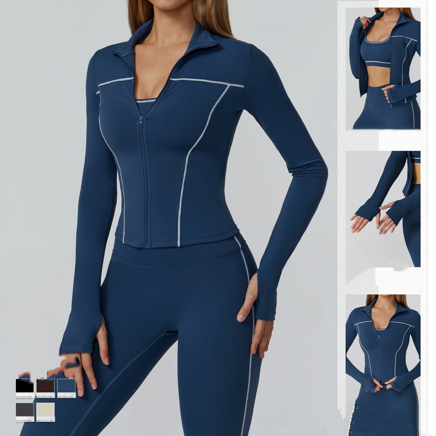 Contrast Color Brushed Yoga Coat Zipper Windproof Slim Jacket