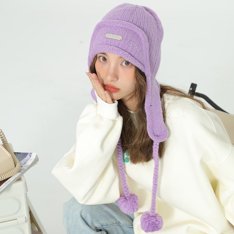 Women's Hat With Ear Protector And Wool Ball Knitting