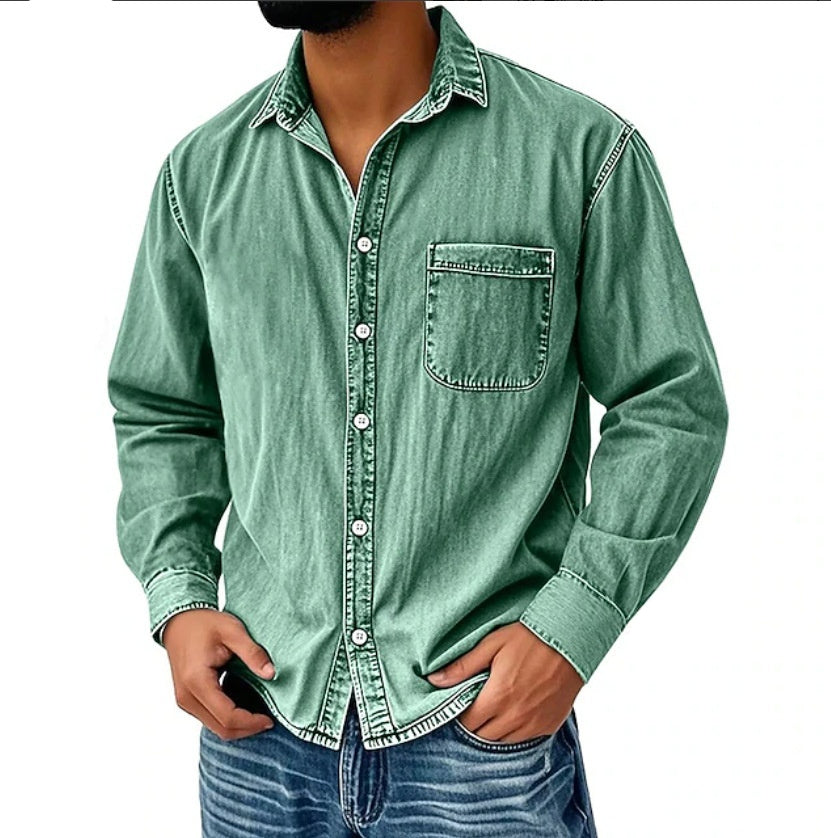 Mens Denim Long-sleeve Shirt Washed Long-sleeve Top