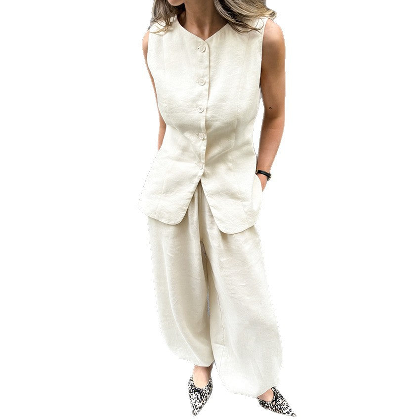 Elegant Commuter Sleeveless Cardigan Top Womens Straight-Leg Pants Long Trousers