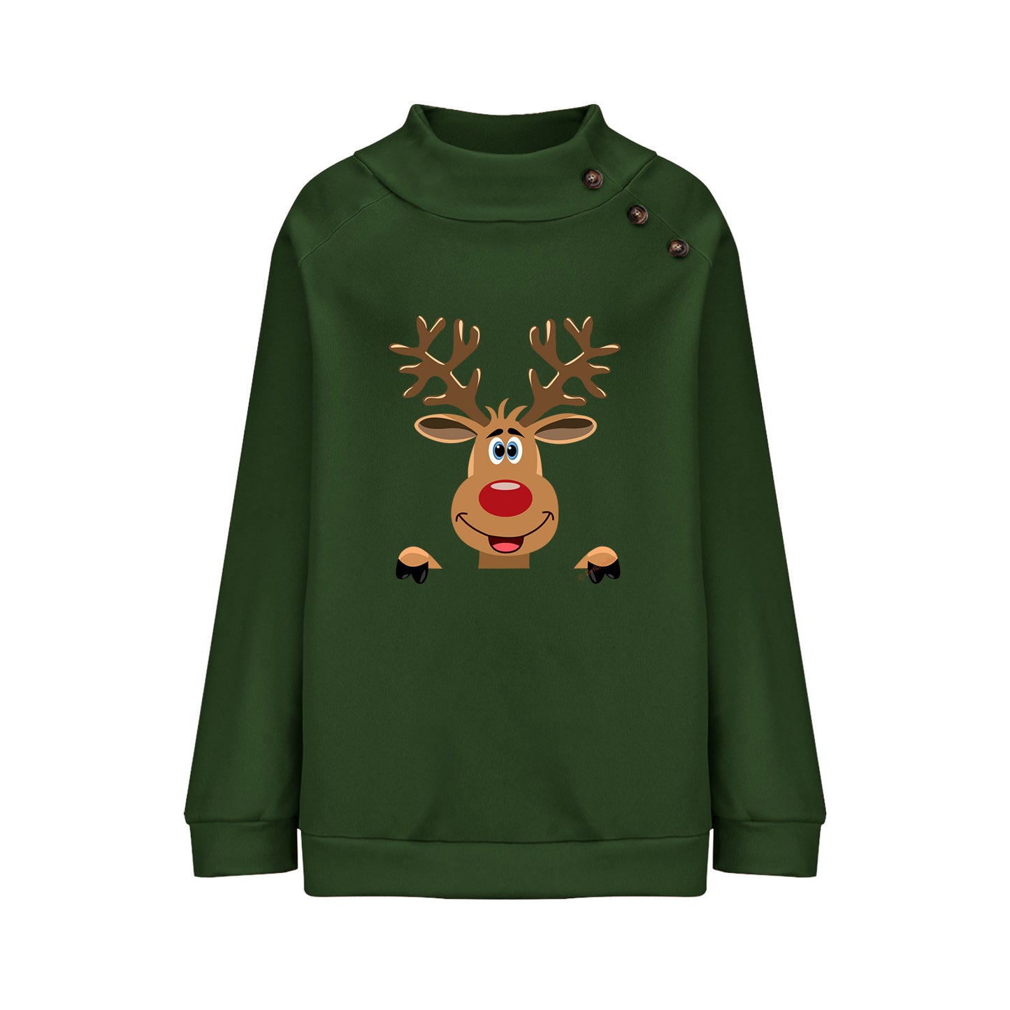Deer Cartoon Turtleneck Buttons Loose Long Sleeve Sweatershirt Female