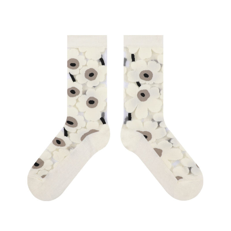 Transparent Silk Stockings, Breathable Big Flower Socks, Women's Tube Socks, Korean Version