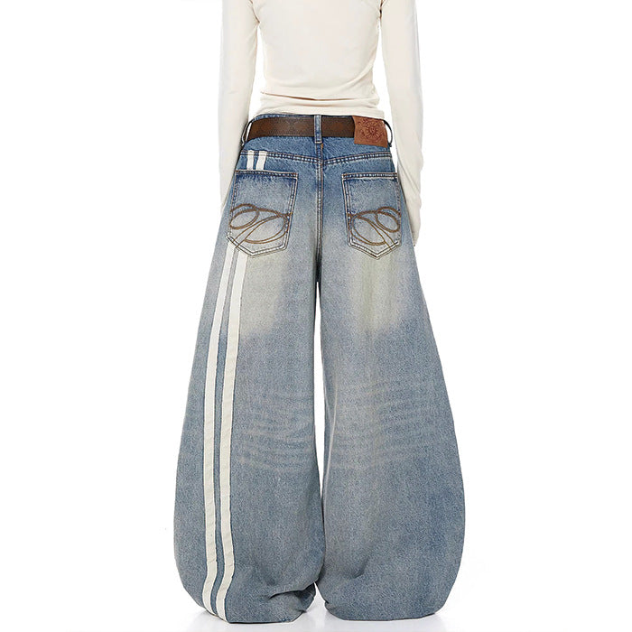 Womens Retro Washed Distressed Wide-Leg Denim Jeans In American Style