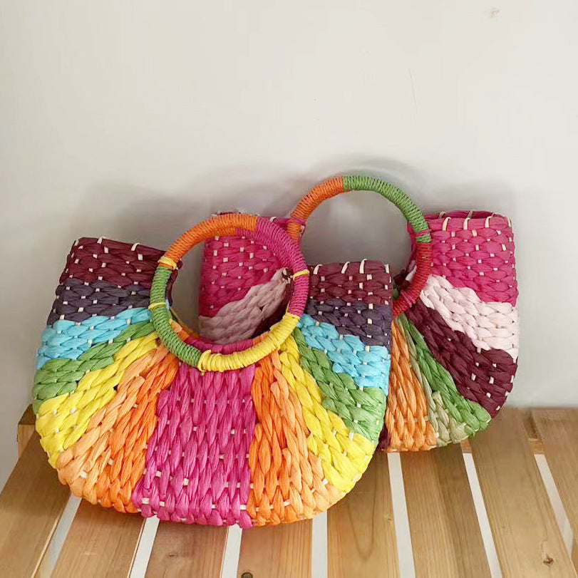 Color Contrast Moon Woven Straw Bag