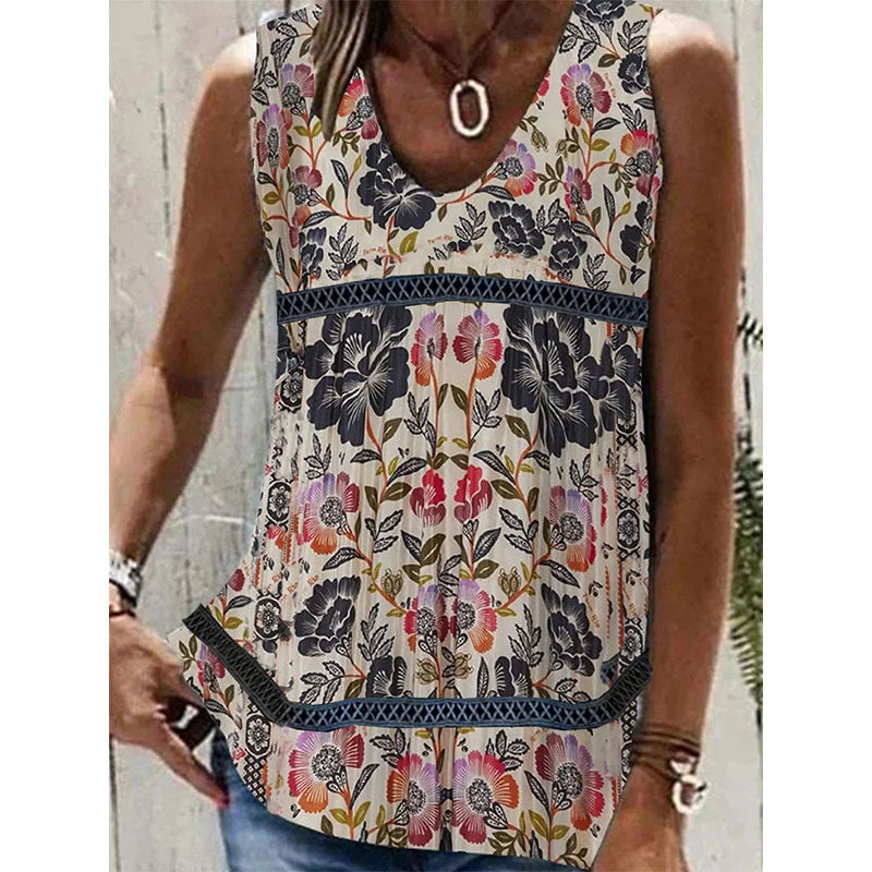 Womens Printed Patchwork Sleeveless T-Shirt Vest