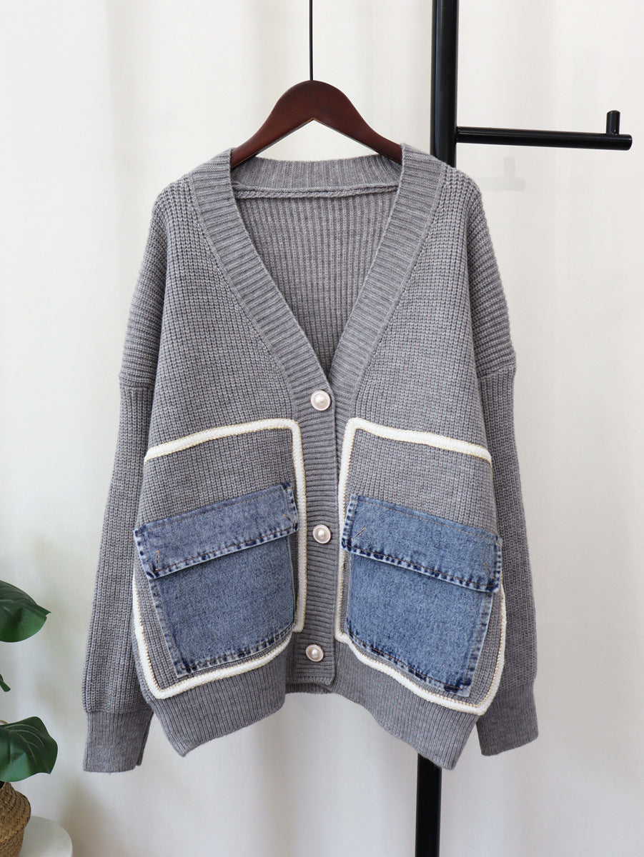Denim Pocket Knitted Cardigan Loose Design Temperament Versatile Sweater Coat