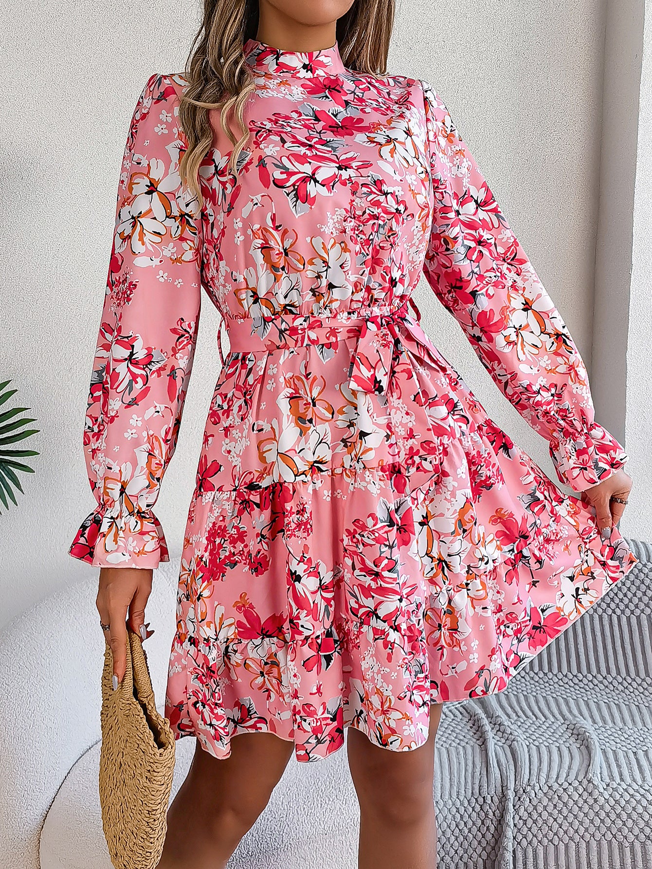 Women's Elegant Stand Collar Floral Print Tie Waist Long Sleeve Ruffle A-Line Skirt