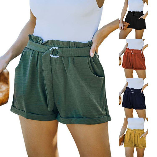 Lace-up Pocket Solid Color High-waist Casual Shorts Women
