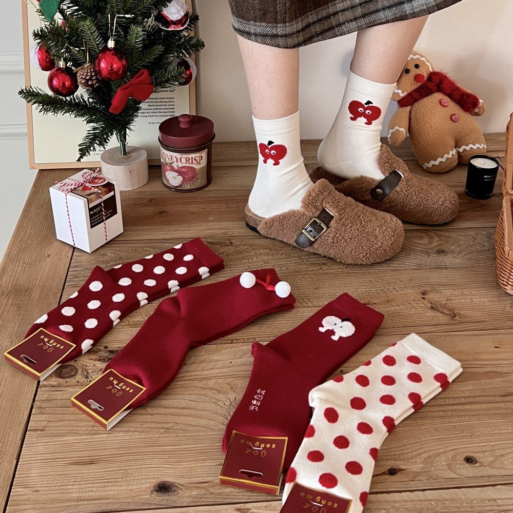 Red Dehaired Angora Polka Dot Mid-calf Creative Christmas Stockings