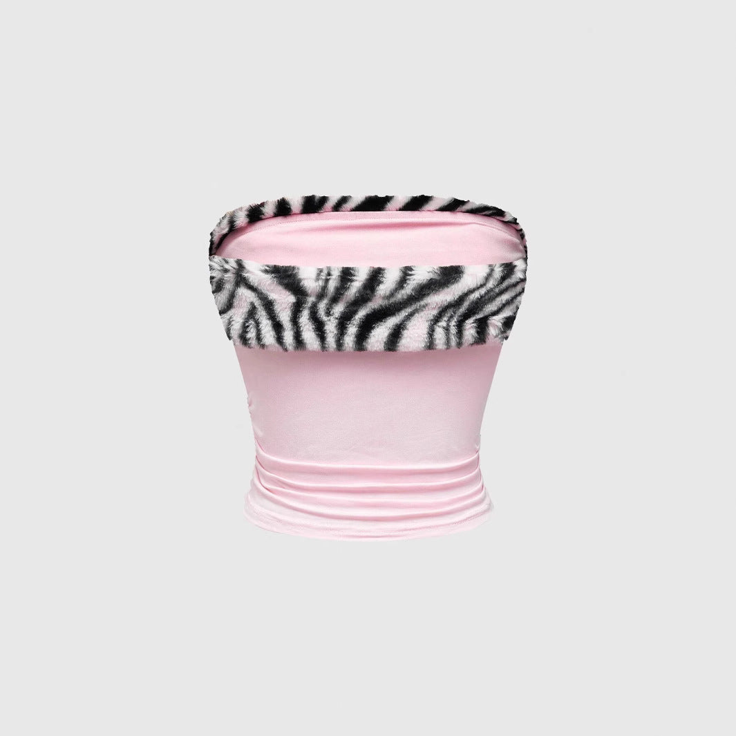 Leopard-print Patchwork Midriff-baring Spicy Girls Tube Top Vest