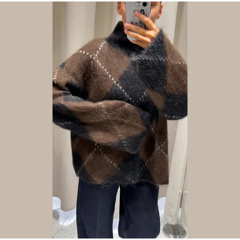 Women's Turtleneck Sweater Long Sleeve Diamond Plaid Knit