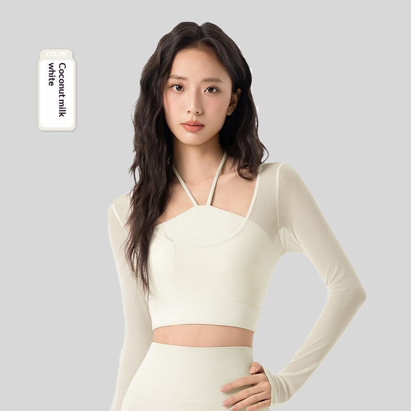 Fake Two-Piece Mesh Long-Sleeve Yoga Top With Built-In Sports Bra