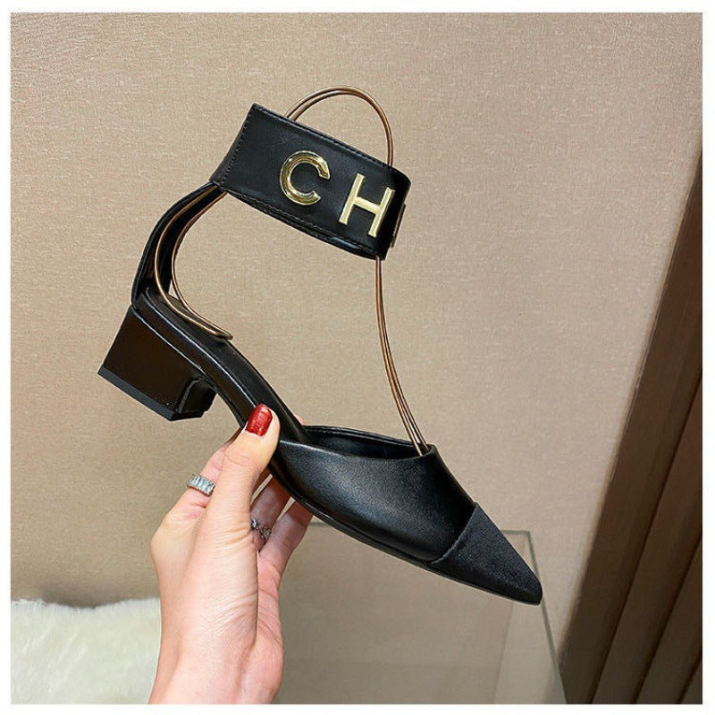 Small Incense Wind Color Matching Thick Heel Women's Shoes With Velcro Pointed Toe Sandals With A Toe