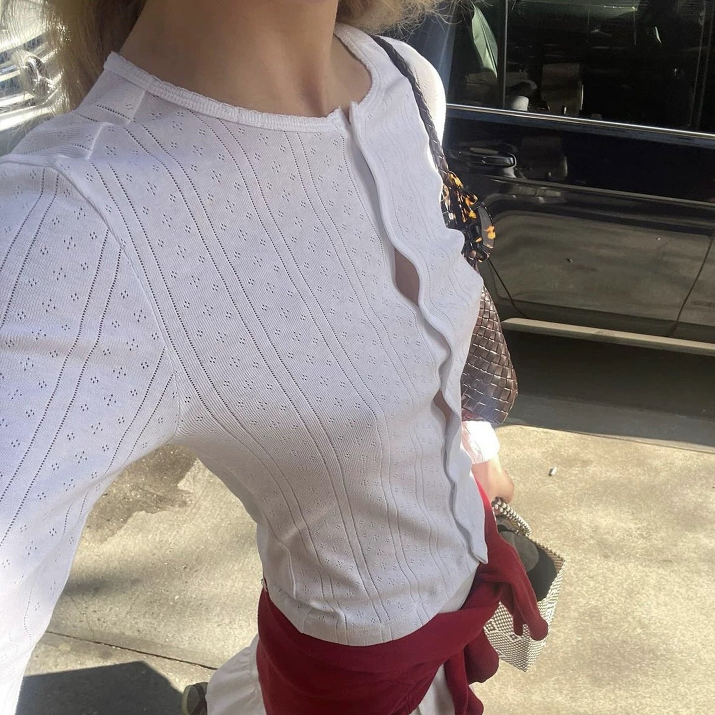 Casual Versatile Solid-Color Hollow-Out Crew-Neck Knitted Jacquard Top For Women