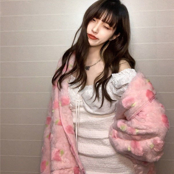 Peach Powder Plush Fleece Plus Velvet Thick Warm Jacket