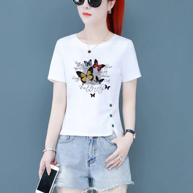 Printed Butterfly Button Loose Irregular Short Sleeves