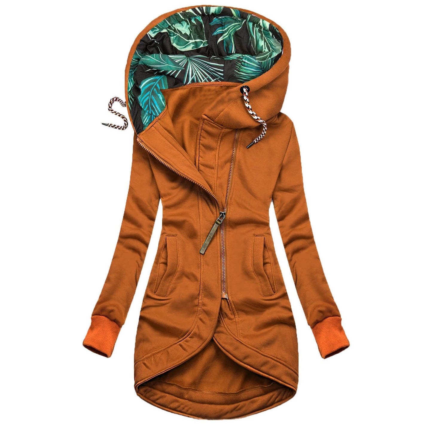 Womens Solid-Color Zip-Up Hoodie With Print And Long Sleeves