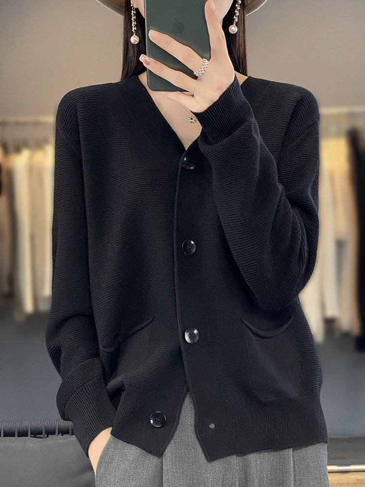V-neck Solid Color Double Pocket Buckle 100 Cotton Thread Long Sleeve Lazy And Loose Casual Spring Knitted Cardigan For Women