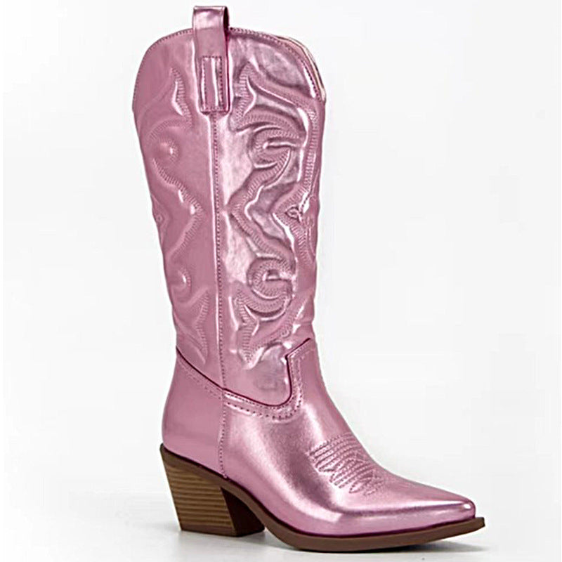 Embroidered Women's Mid-calf Fluorescent Pointed Martin Boots Chunky Heel Plus Size Boots