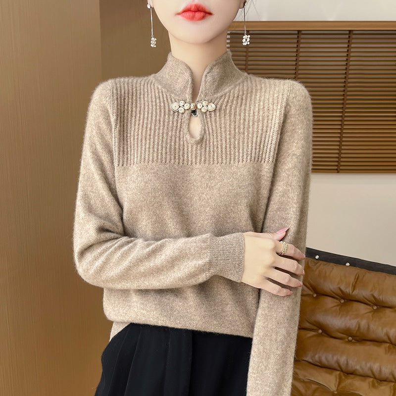 Chinese Style Retro Buckle Stand Collar Sweater For Women
