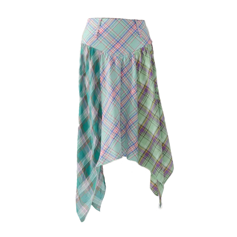 Irregular Color Contrast Patchwork High Waist Mid-length Plaid Skirt