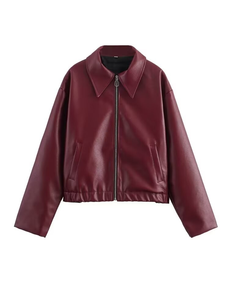 Cappotto in pelle da donna con collo a rever e maniche lunghe