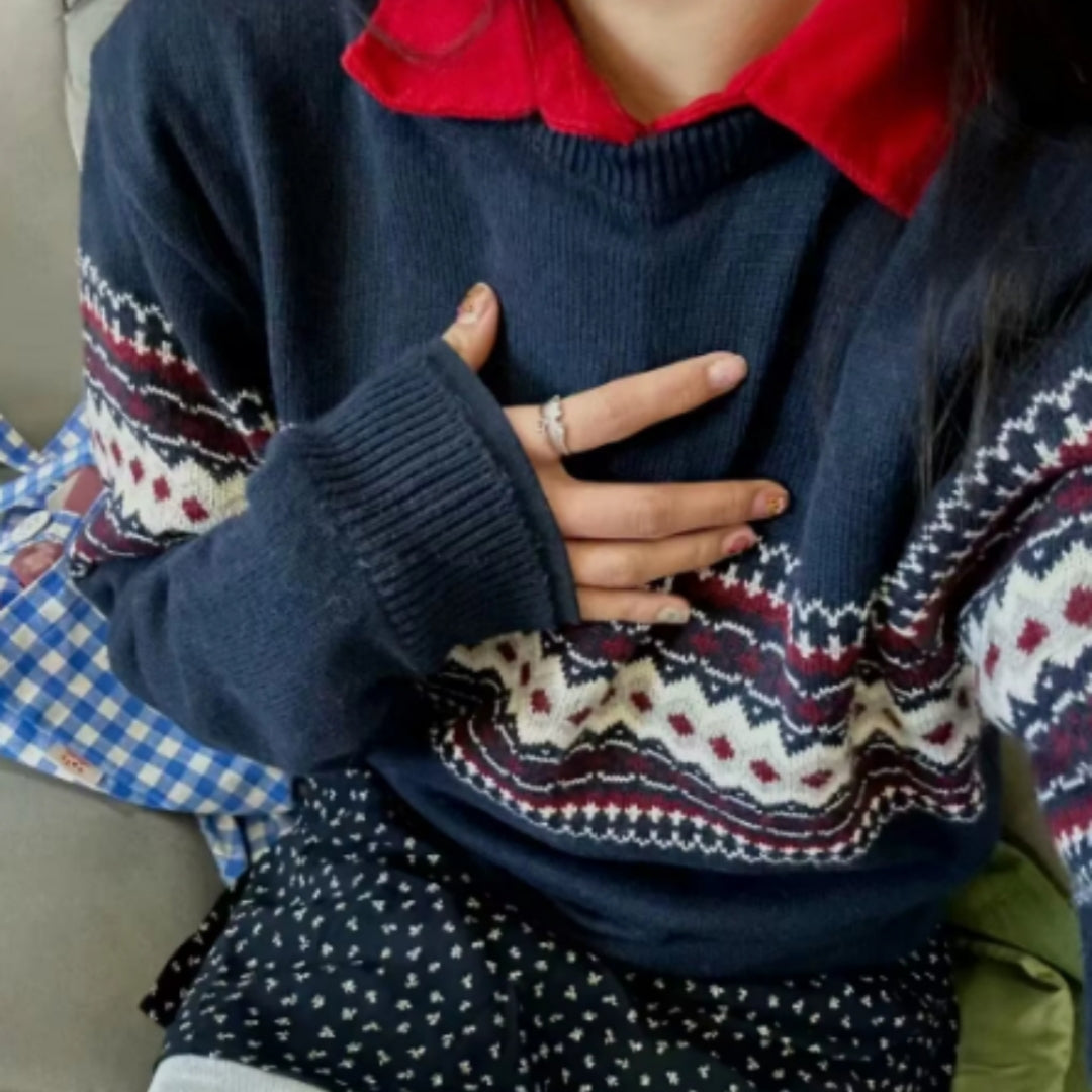 Round Neck Jacquard Diamond Plaid Long Sleeve Pullover Sweater