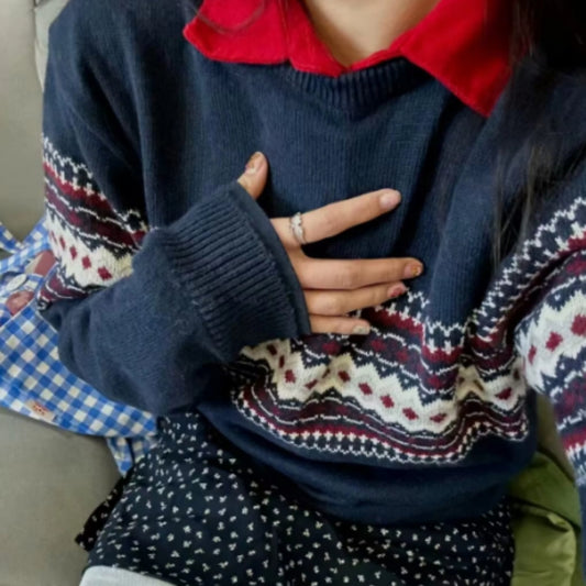 Round Neck Jacquard Diamond Plaid Long Sleeve Pullover Sweater