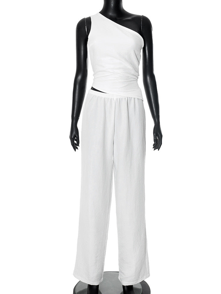 Solid-color Sleeveless Off-shoulder Back-cutout Lace-up Tank Top And Pants Set