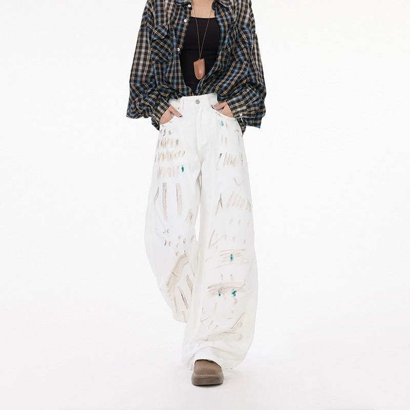 White Dirty Graffiti Machete Jeans For Women