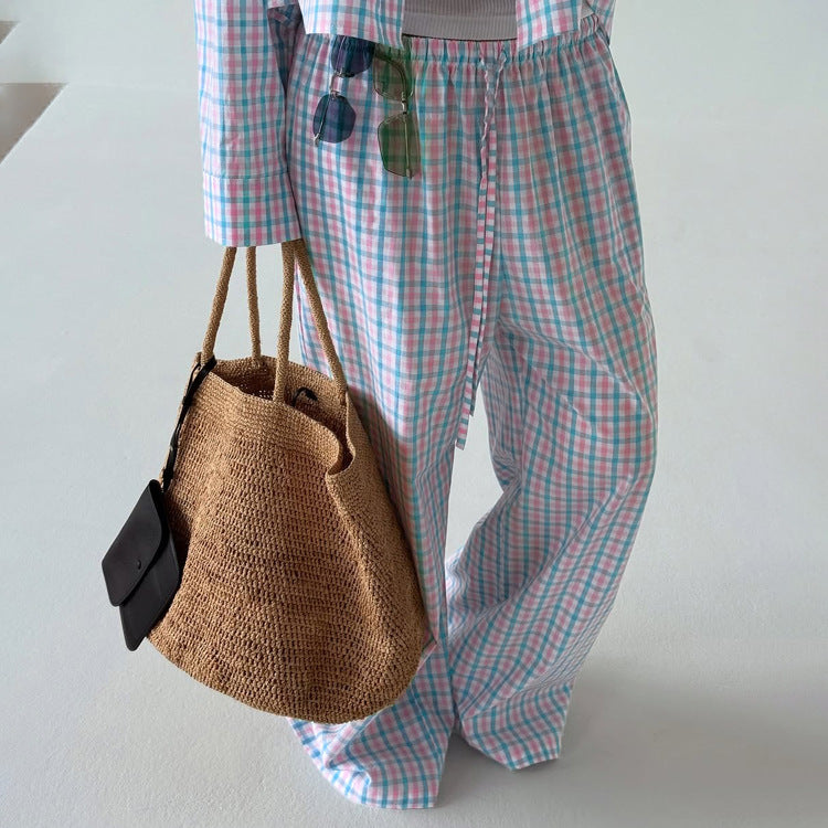 Plaid Lapel Long-sleeve Shirt And Loose-fitting Trousers Set
