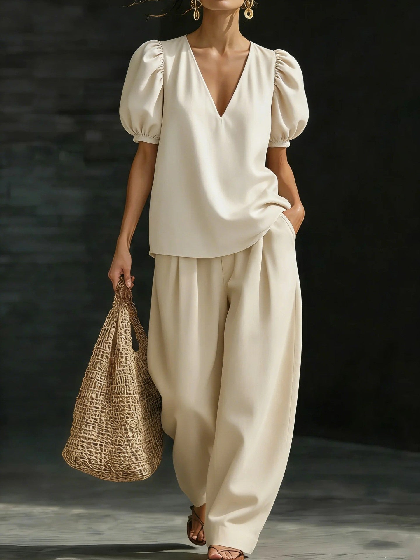 V-Neck Short-Sleeve Fashionable Casual Womens Set