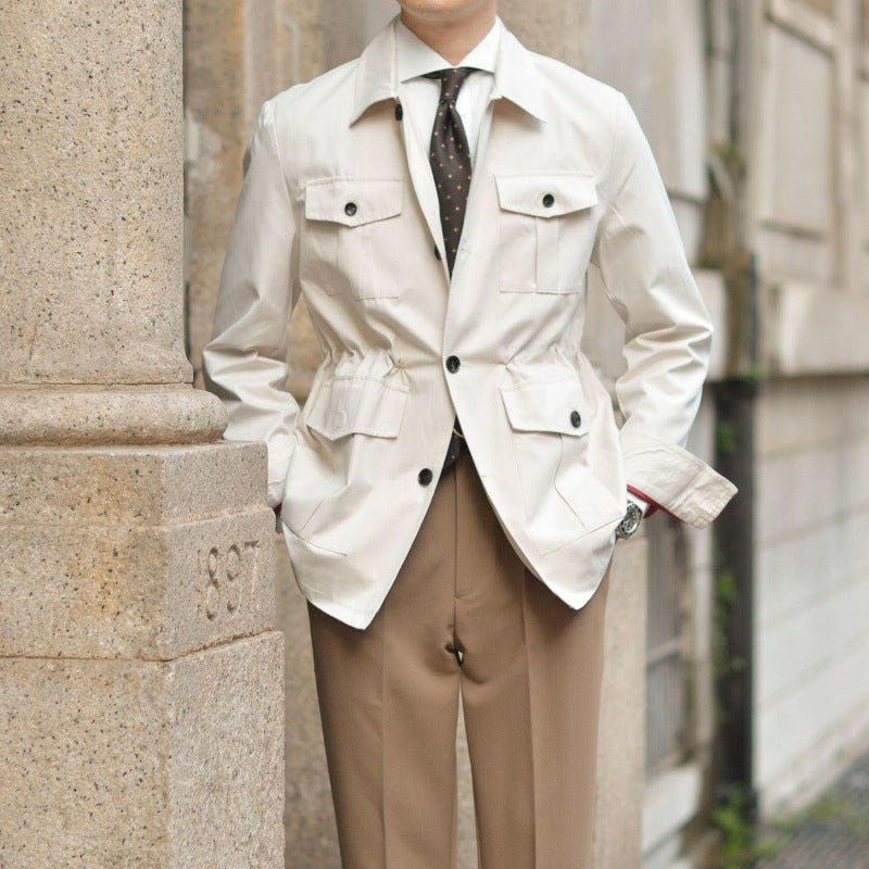 Fashion Waist-controlled Elastic Safari Jacket Coat Thin Polo Collar Jacket Men