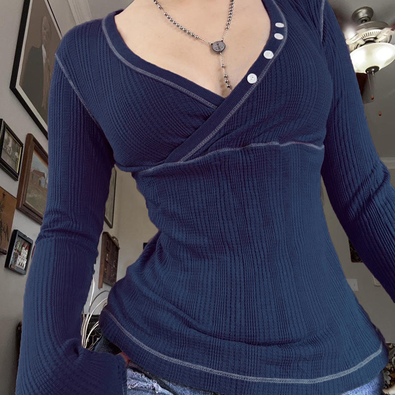 Cross-Over Neck T-Shirt Cross-Border V-Neck Slim-Fit Top That Flatters