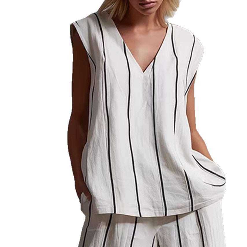 French Minimalist Black And White Vertical Stripe Loose Cotton-Linen Womens Set