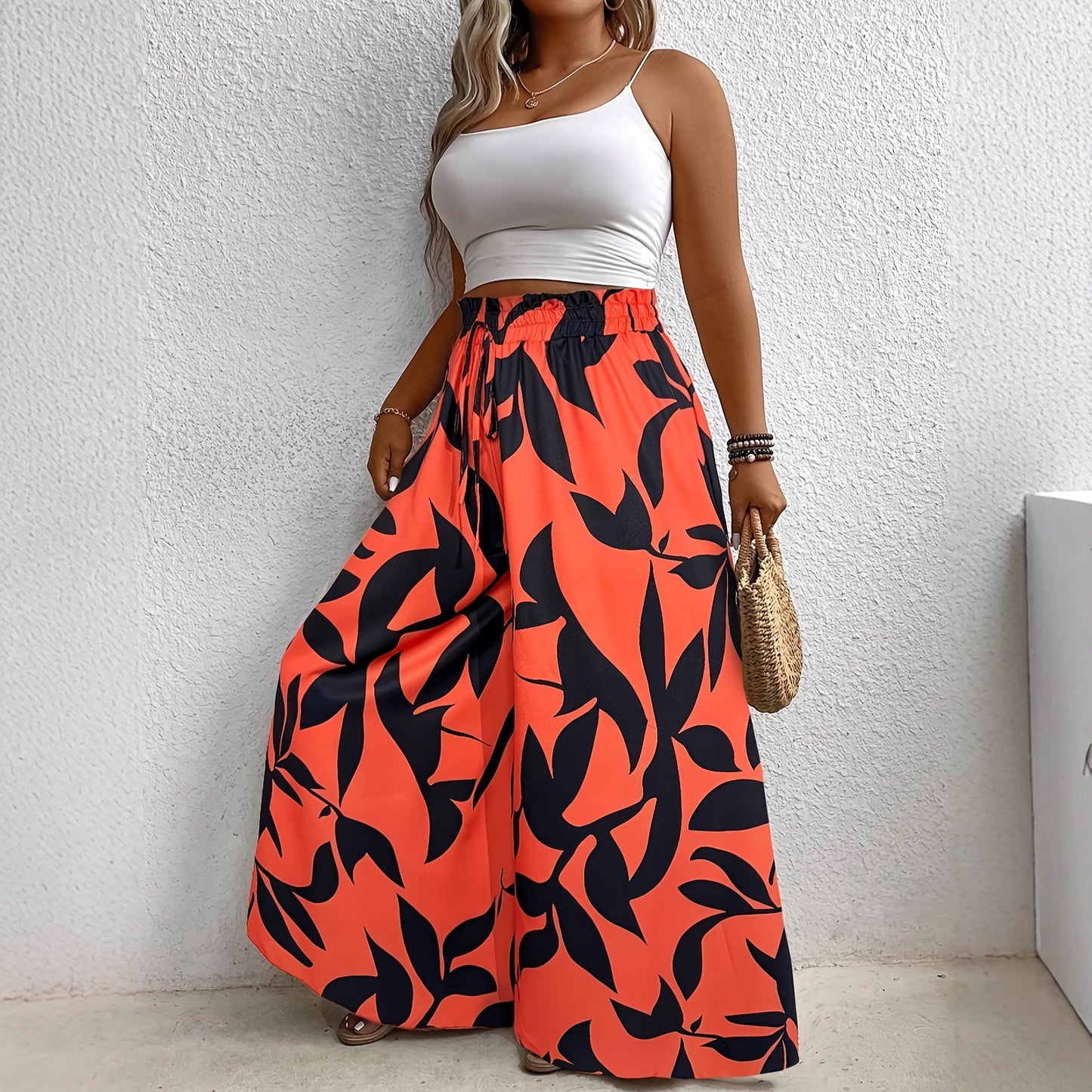 Stylish Plus-size Versatile Casual Elegant Floral Wide-leg Pants