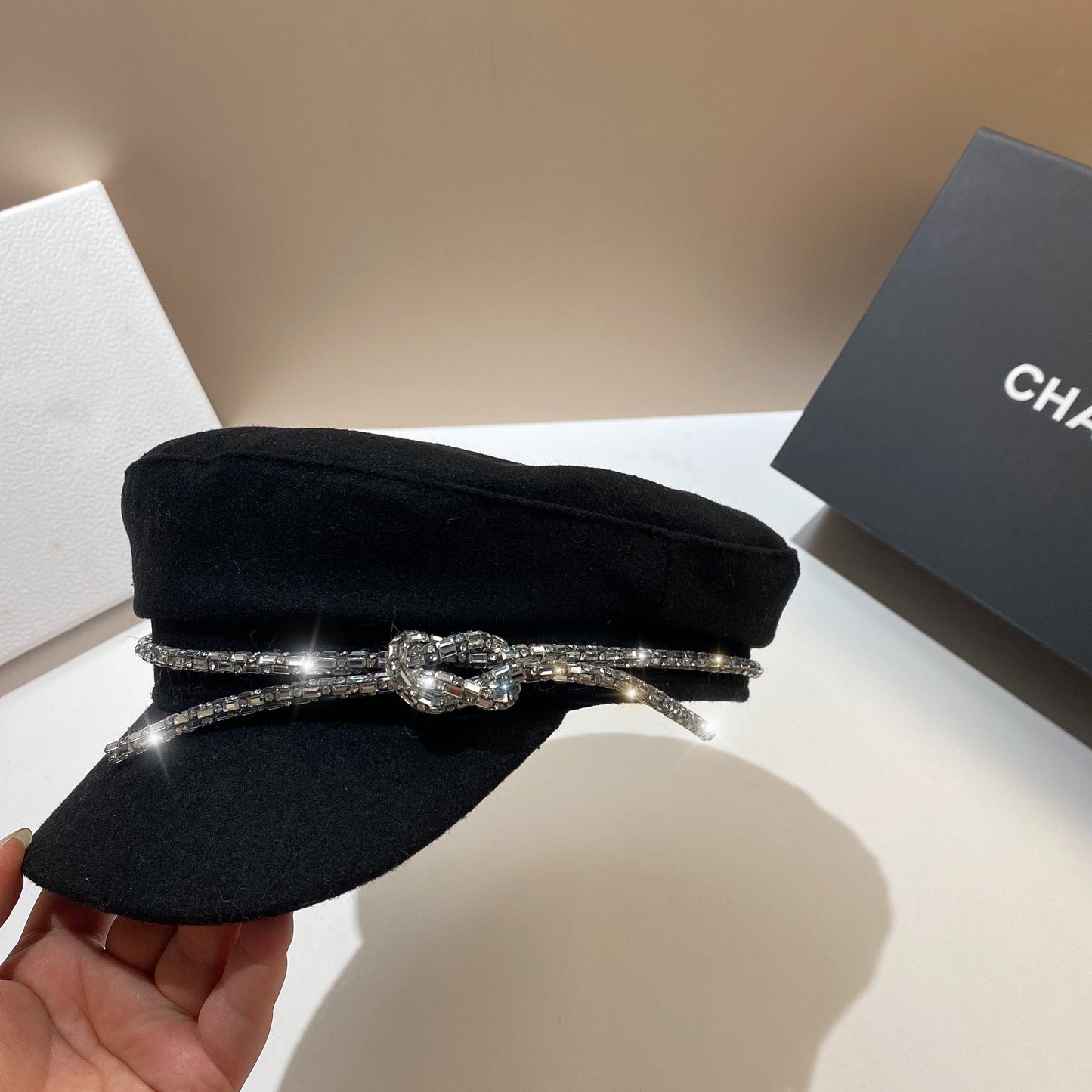 Women's Rhinestone Woolen Navy Hat