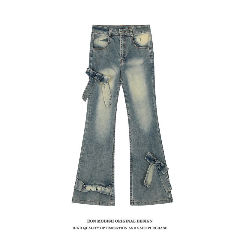 Real Shot American Retro Cute Bow Denim Trousers