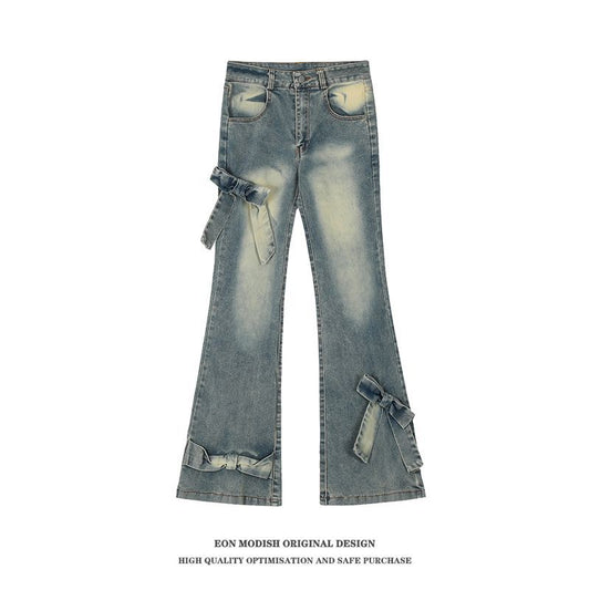 Real Shot American Retro Cute Bow Denim Trousers