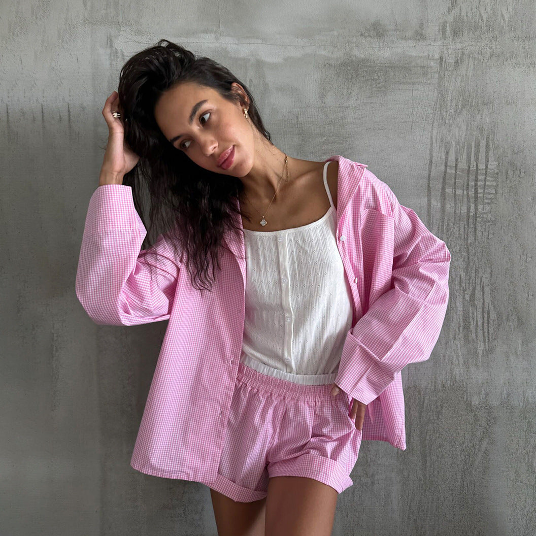 Plaid Long-Sleeve Shorts Pajama Set