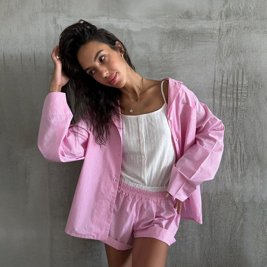 Plaid Long-Sleeve Shorts Pajama Set