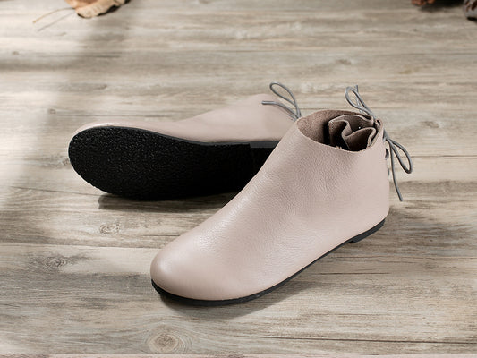 Handmade Leather Short Boots Women's Soft Leather Temperament Nude Boots Retro Flat-bottomed Plus Velvet Women's Boots