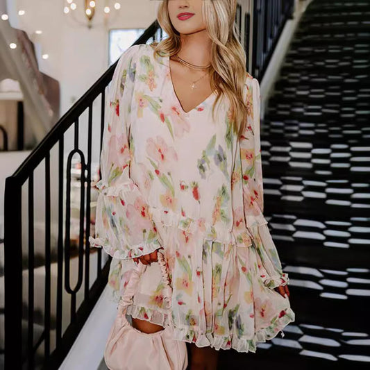Womens Loose Mini Dress With Double-Layer V-Neck And Print