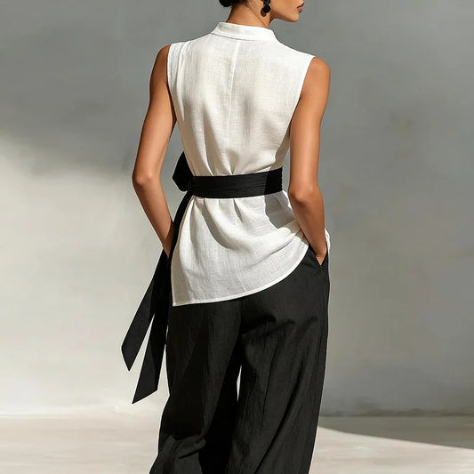 Womens Lace-Up Sleeveless Top And Wide-Leg Pants Two-Piece Set