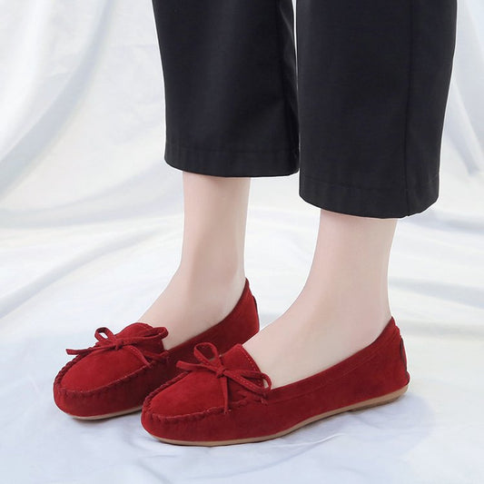 Women's Suede Bow Casual Flat Beanie Shoes