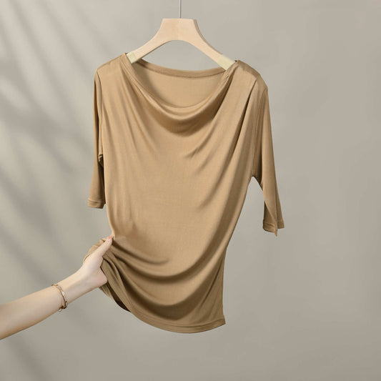 Fashionable Elegant Silk Short-sleeved Pleated T-shirt