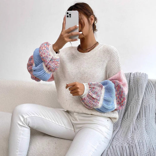 Sweater Women's Round Neck Pullover Contrast Color Puff Sleeve