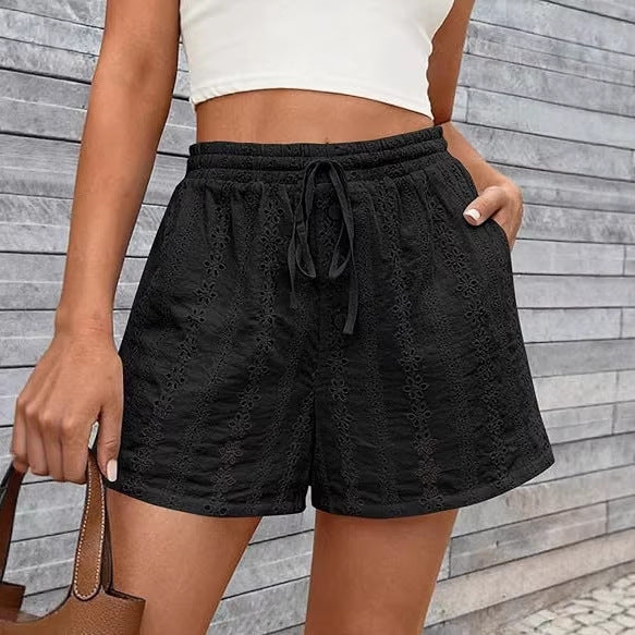 Solid Color Elastic Waist Drawstring Beach Shorts For Women