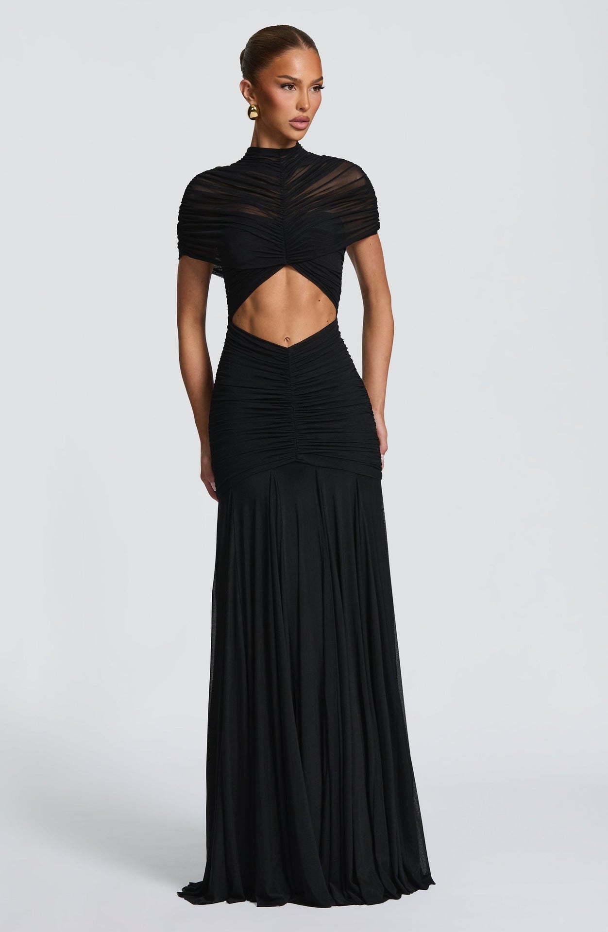 Pleated Cutout Figure-hugging Dress With A High Waist And 3D Detailing