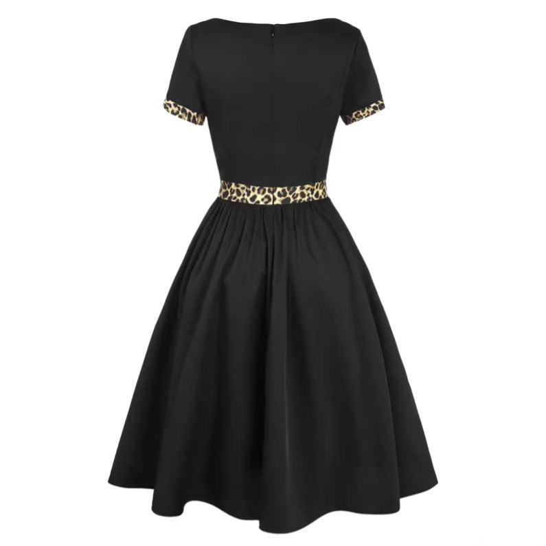 Womens Spring New Leopard-Print Crew-Neck Short-Sleeve Dress